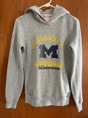 Vintage PINK Victoria's Secret Gray Hoodie with Pink Logo Trim and Silver Studs